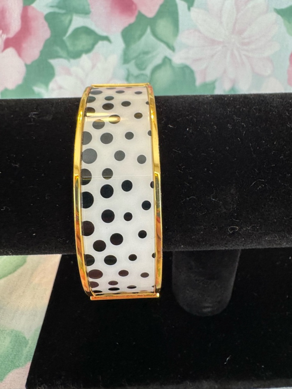 Talbots Gold Polished Bangle Bracelet with White and Black Polka Dot Inlay